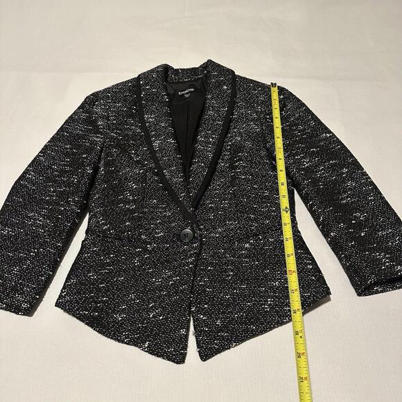 Bebe Tweed Blazer Jacket Sz 00 Black With White Specks 3/4 Sleeve Contrast Trim - Picture 2 of 12